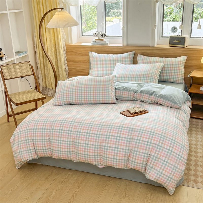 91家纺网 家纺一手货源 找家纺 美尔惠家纺 2025直播热款无印风色织水洗四件套简约格子款学生宿舍三件套床单款 冰激凌-绿