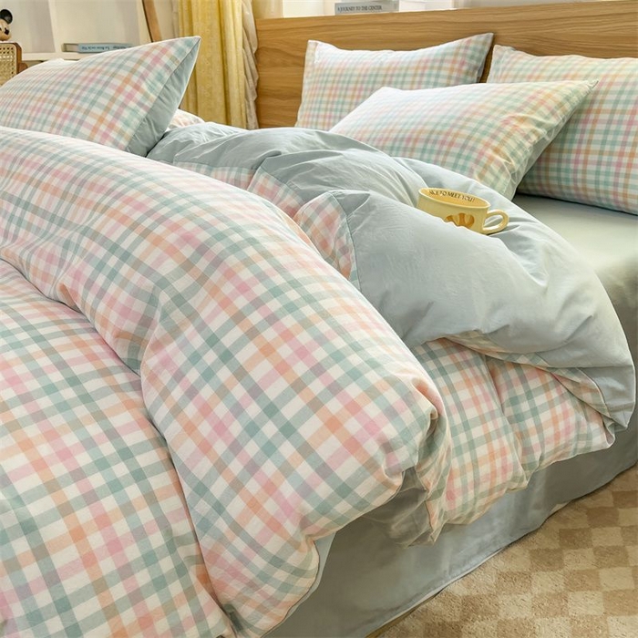 91家纺网 家纺一手货源 找家纺 美尔惠家纺 2025直播热款无印风色织水洗四件套简约格子款学生宿舍三件套床单款 冰激凌-绿