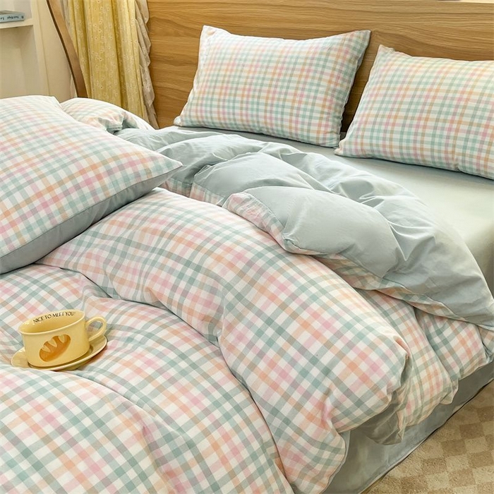 91家纺网 家纺一手货源 找家纺 美尔惠家纺 2025直播热款无印风色织水洗四件套简约格子款学生宿舍三件套床单款 冰激凌-绿