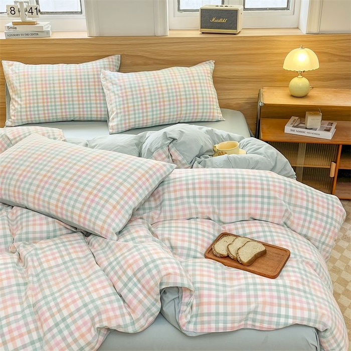91家纺网 家纺一手货源 找家纺 美尔惠家纺 2025直播热款无印风色织水洗四件套简约格子款学生宿舍三件套床单款 冰激凌-绿
