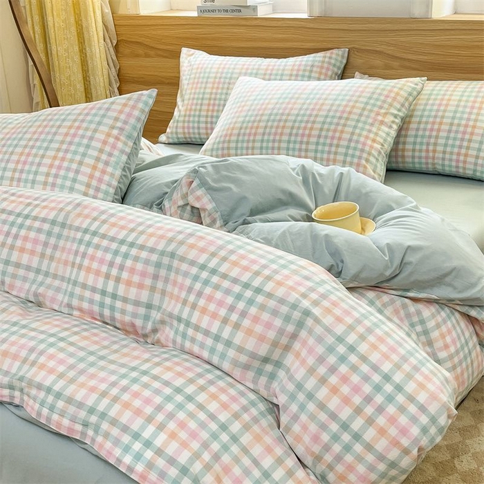 91家纺网 家纺一手货源 找家纺 美尔惠家纺 2025直播热款无印风色织水洗四件套简约格子款学生宿舍三件套床单款 冰激凌-绿