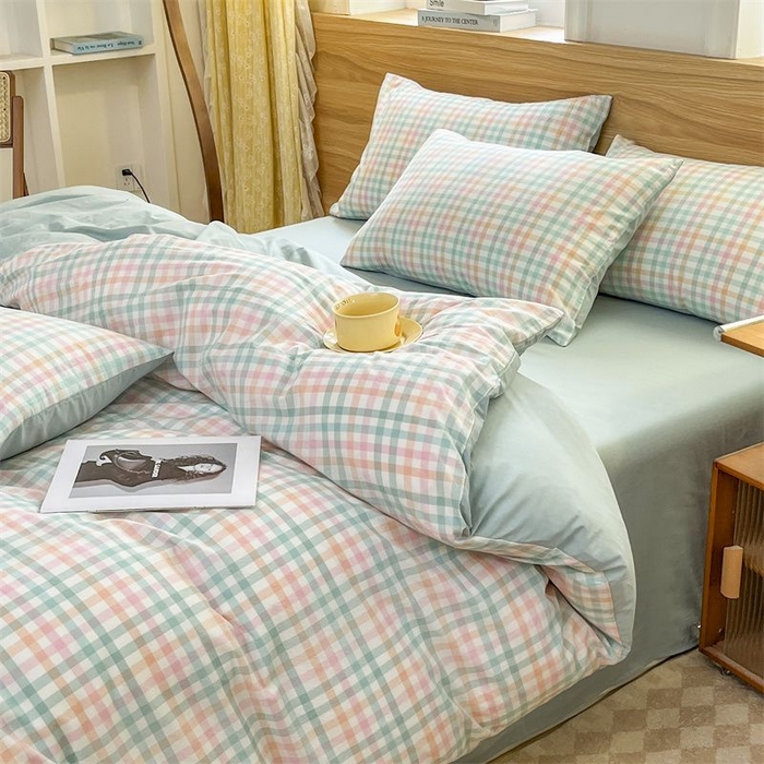 91家纺网 家纺一手货源 找家纺 美尔惠家纺 2025直播热款无印风色织水洗四件套简约格子款学生宿舍三件套床单款 冰激凌-绿