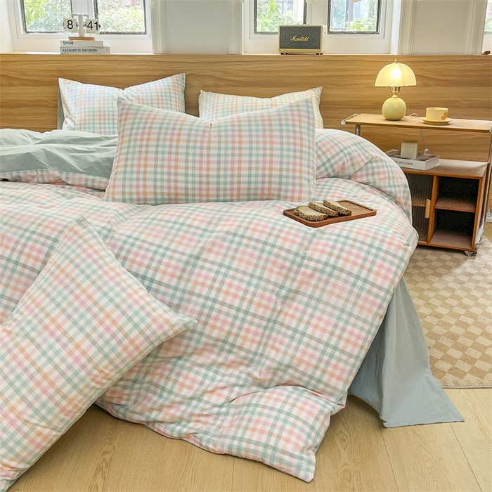 91家纺网 家纺一手货源 找家纺 美尔惠家纺 2025直播热款无印风色织水洗四件套简约格子款学生宿舍三件套床单款 冰激凌-绿