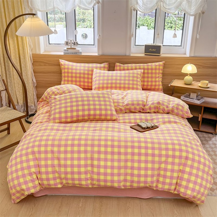 91家纺网 家纺一手货源 找家纺 美尔惠家纺 2025直播热款无印风色织水洗四件套简约格子款学生宿舍三件套床单款 粉黄中格