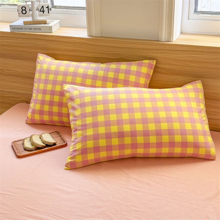 91家纺网 家纺一手货源 找家纺 美尔惠家纺 2025直播热款无印风色织水洗四件套简约格子款学生宿舍三件套床单款 粉黄中格