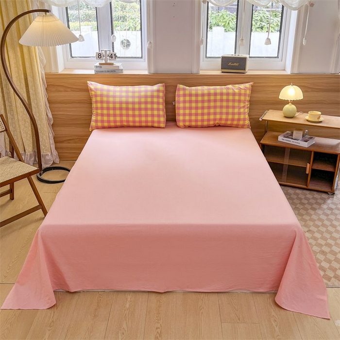 91家纺网 家纺一手货源 找家纺 美尔惠家纺 2025直播热款无印风色织水洗四件套简约格子款学生宿舍三件套床单款 粉黄中格