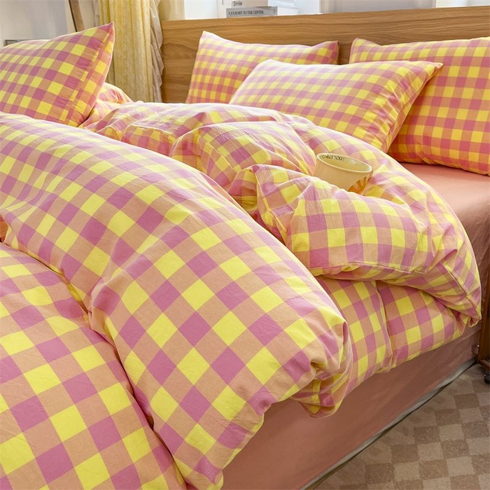 91家纺网 家纺一手货源 找家纺 美尔惠家纺 2025直播热款无印风色织水洗四件套简约格子款学生宿舍三件套床单款 粉黄中格