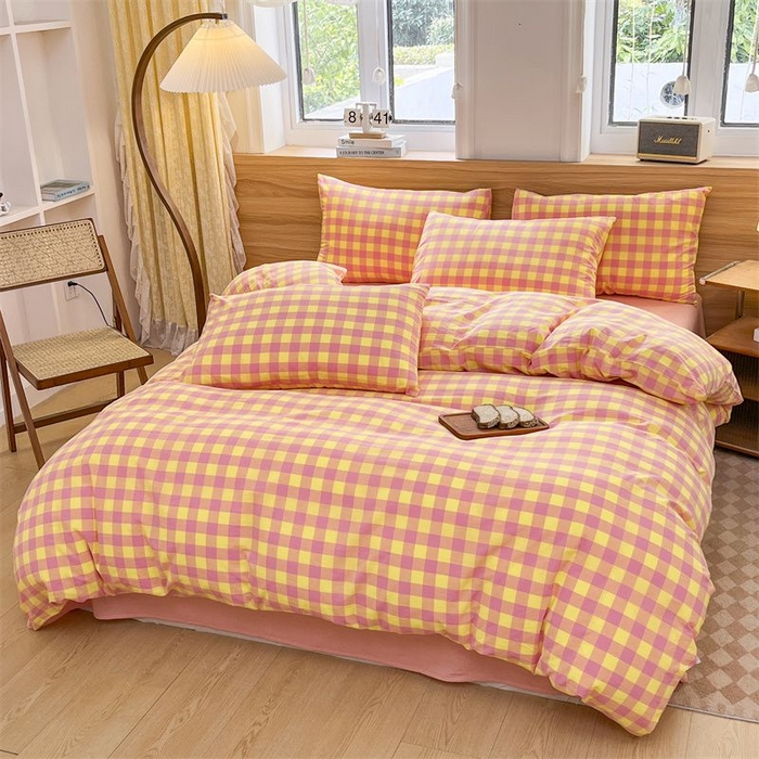 91家纺网 家纺一手货源 找家纺 美尔惠家纺 2025直播热款无印风色织水洗四件套简约格子款学生宿舍三件套床单款 粉黄中格