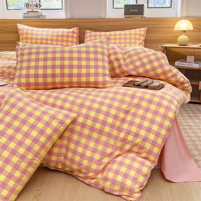 91家纺网 家纺一手货源 找家纺 美尔惠家纺 2025直播热款无印风色织水洗四件套简约格子款学生宿舍三件套床单款 粉黄中格