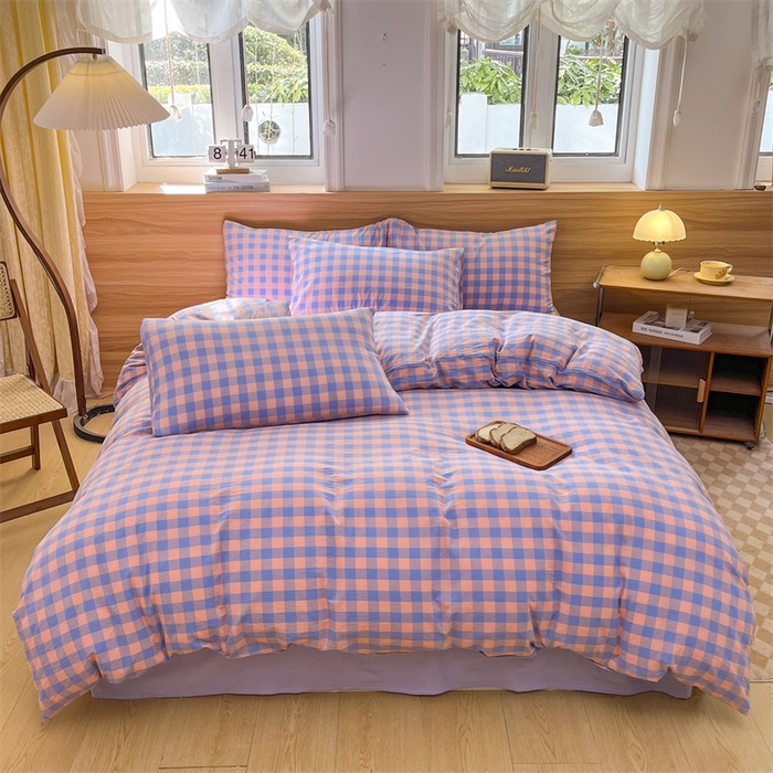 美尔惠家纺 2025直播热款无印风色织水洗四件套简约格子款学生宿舍三件套床单款 粉紫中格