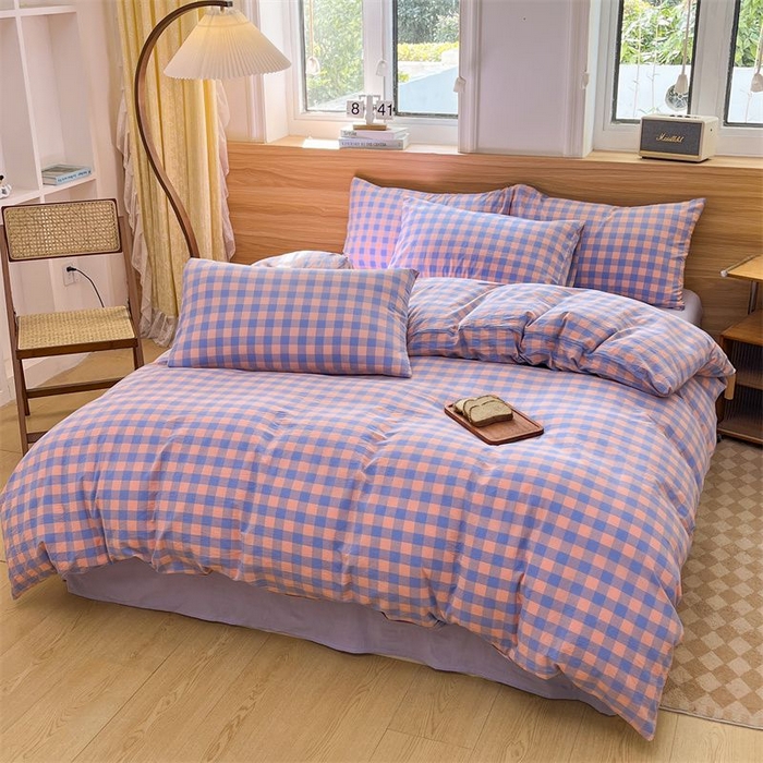 91家纺网 家纺一手货源 找家纺 美尔惠家纺 2025直播热款无印风色织水洗四件套简约格子款学生宿舍三件套床单款 粉紫中格