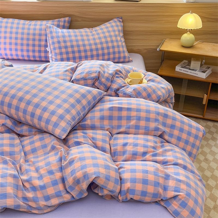 91家纺网 家纺一手货源 找家纺 美尔惠家纺 2025直播热款无印风色织水洗四件套简约格子款学生宿舍三件套床单款 粉紫中格