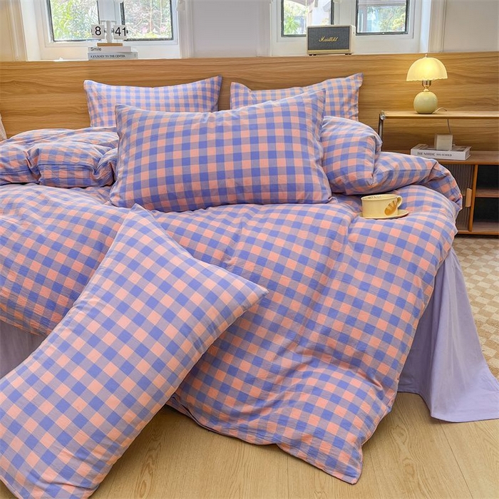 91家纺网 家纺一手货源 找家纺 美尔惠家纺 2025直播热款无印风色织水洗四件套简约格子款学生宿舍三件套床单款 粉紫中格