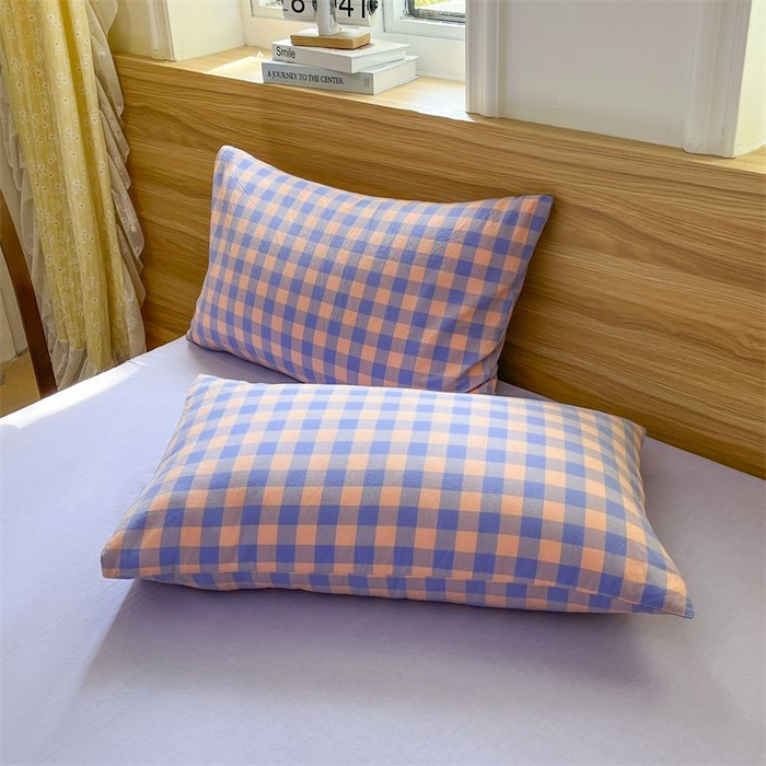 91家纺网 家纺一手货源 找家纺 美尔惠家纺 2025直播热款无印风色织水洗四件套简约格子款学生宿舍三件套床单款 粉紫中格