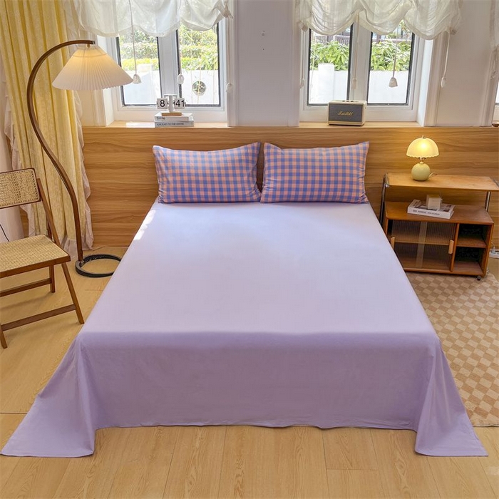 91家纺网 家纺一手货源 找家纺 美尔惠家纺 2025直播热款无印风色织水洗四件套简约格子款学生宿舍三件套床单款 粉紫中格