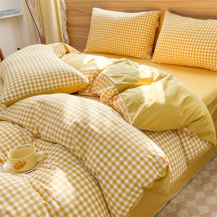 91家纺网 家纺一手货源 找家纺 美尔惠家纺 2025直播热款无印风色织水洗四件套简约格子款学生宿舍三件套床单款 黄小格