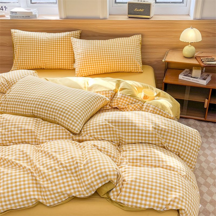 91家纺网 家纺一手货源 找家纺 美尔惠家纺 2025直播热款无印风色织水洗四件套简约格子款学生宿舍三件套床单款 黄小格
