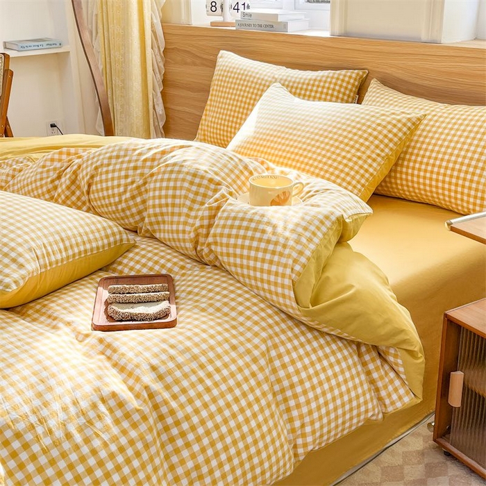 91家纺网 家纺一手货源 找家纺 美尔惠家纺 2025直播热款无印风色织水洗四件套简约格子款学生宿舍三件套床单款 黄小格