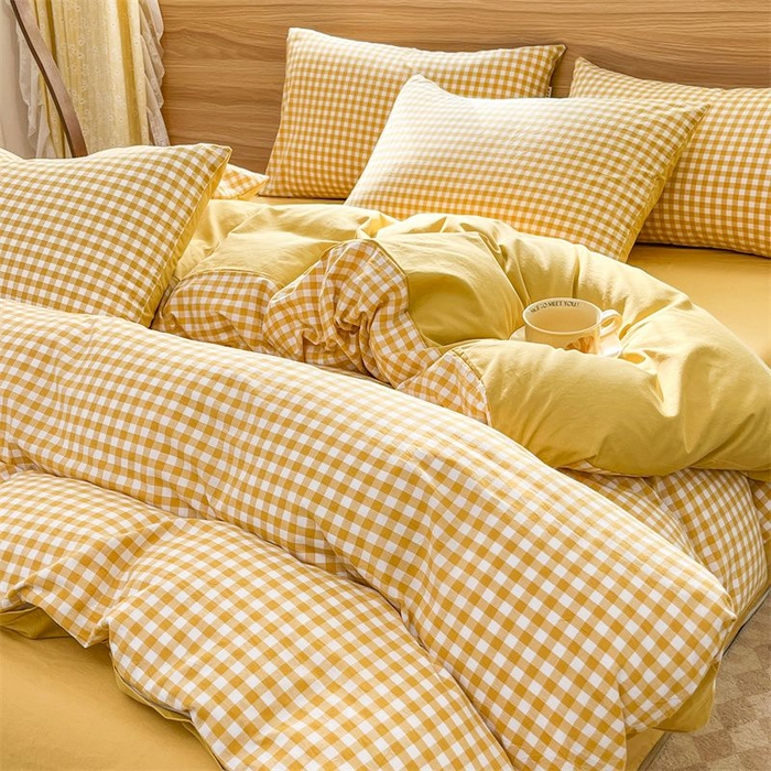 91家纺网 家纺一手货源 找家纺 美尔惠家纺 2025直播热款无印风色织水洗四件套简约格子款学生宿舍三件套床单款 黄小格