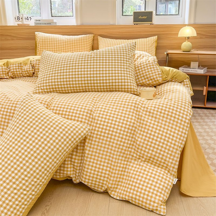 91家纺网 家纺一手货源 找家纺 美尔惠家纺 2025直播热款无印风色织水洗四件套简约格子款学生宿舍三件套床单款 黄小格