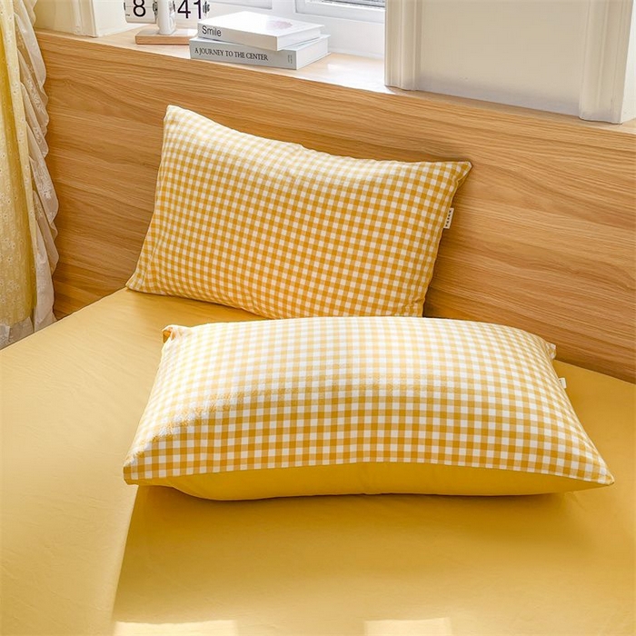 91家纺网 家纺一手货源 找家纺 美尔惠家纺 2025直播热款无印风色织水洗四件套简约格子款学生宿舍三件套床单款 黄小格