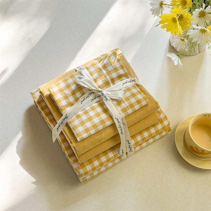 91家纺网 家纺一手货源 找家纺 美尔惠家纺 2025直播热款无印风色织水洗四件套简约格子款学生宿舍三件套床单款 黄小格