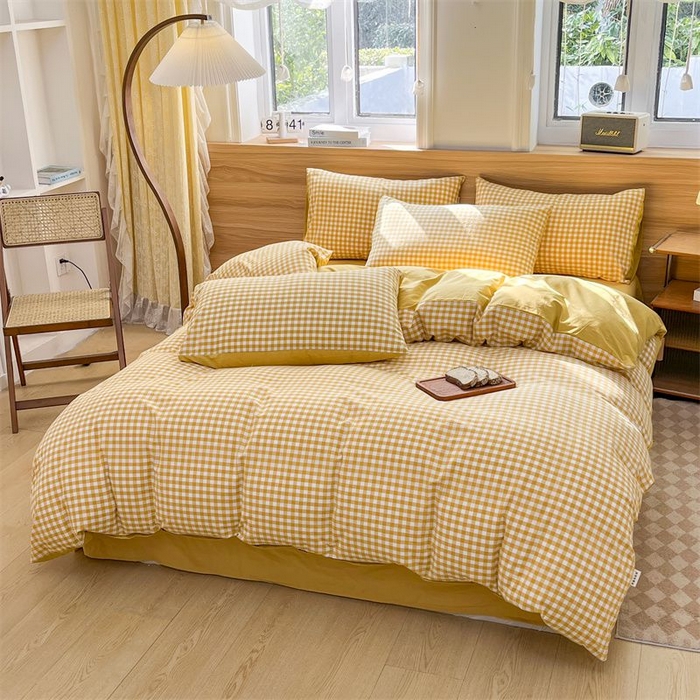 91家纺网 家纺一手货源 找家纺 美尔惠家纺 2025直播热款无印风色织水洗四件套简约格子款学生宿舍三件套床单款 黄小格