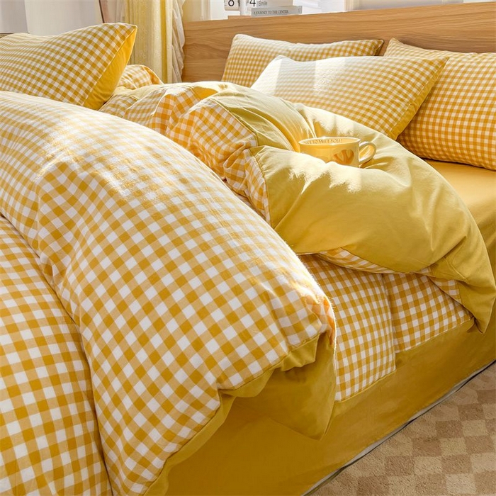 91家纺网 家纺一手货源 找家纺 美尔惠家纺 2025直播热款无印风色织水洗四件套简约格子款学生宿舍三件套床单款 黄小格