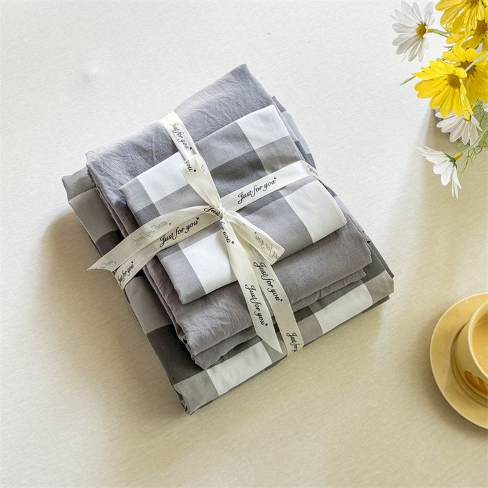 91家纺网 家纺一手货源 找家纺 美尔惠家纺 2025直播热款无印风色织水洗四件套简约格子款学生宿舍三件套床单款 灰白中格