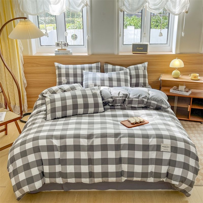 91家纺网 家纺一手货源 找家纺 美尔惠家纺 2025直播热款无印风色织水洗四件套简约格子款学生宿舍三件套床单款 灰白中格