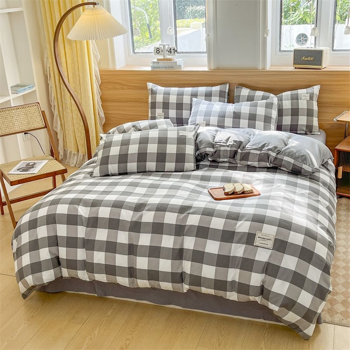 91家纺网 家纺一手货源 找家纺 美尔惠家纺 2025直播热款无印风色织水洗四件套简约格子款学生宿舍三件套床单款 灰白中格