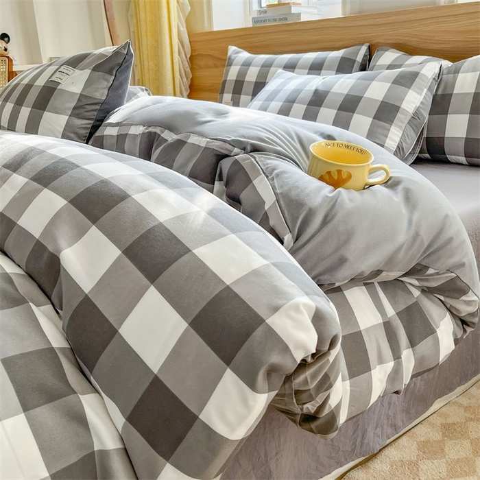 91家纺网 家纺一手货源 找家纺 美尔惠家纺 2025直播热款无印风色织水洗四件套简约格子款学生宿舍三件套床单款 灰白中格