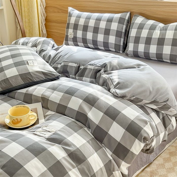 91家纺网 家纺一手货源 找家纺 美尔惠家纺 2025直播热款无印风色织水洗四件套简约格子款学生宿舍三件套床单款 灰白中格