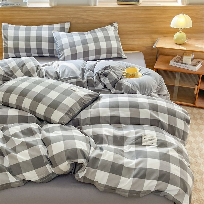 91家纺网 家纺一手货源 找家纺 美尔惠家纺 2025直播热款无印风色织水洗四件套简约格子款学生宿舍三件套床单款 灰白中格