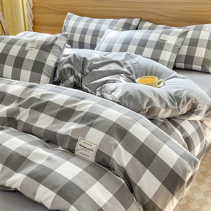 91家纺网 家纺一手货源 找家纺 美尔惠家纺 2025直播热款无印风色织水洗四件套简约格子款学生宿舍三件套床单款 灰白中格