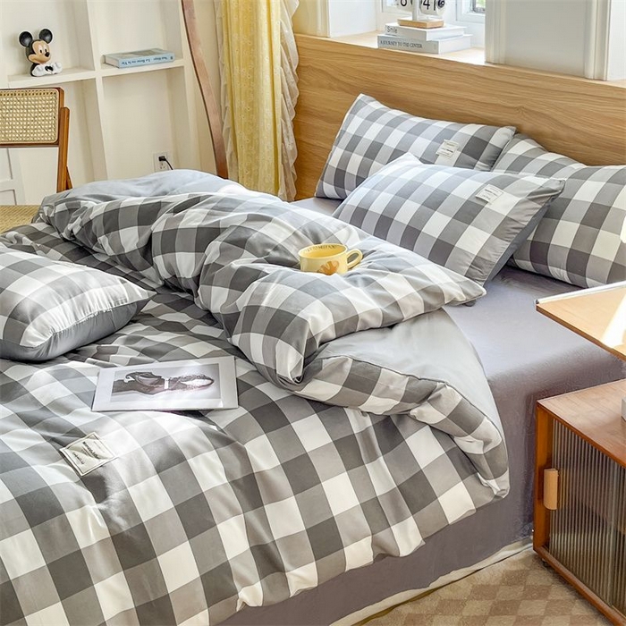 91家纺网 家纺一手货源 找家纺 美尔惠家纺 2025直播热款无印风色织水洗四件套简约格子款学生宿舍三件套床单款 灰白中格