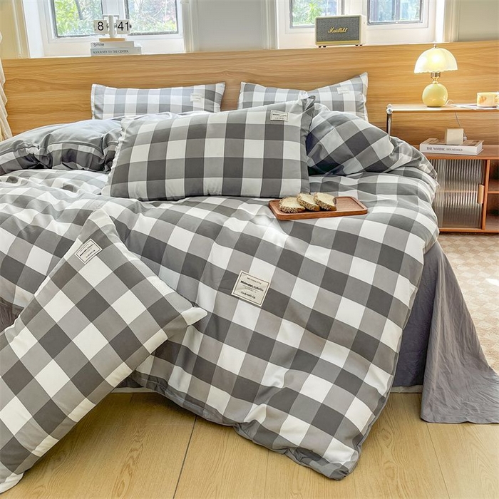 91家纺网 家纺一手货源 找家纺 美尔惠家纺 2025直播热款无印风色织水洗四件套简约格子款学生宿舍三件套床单款 灰白中格