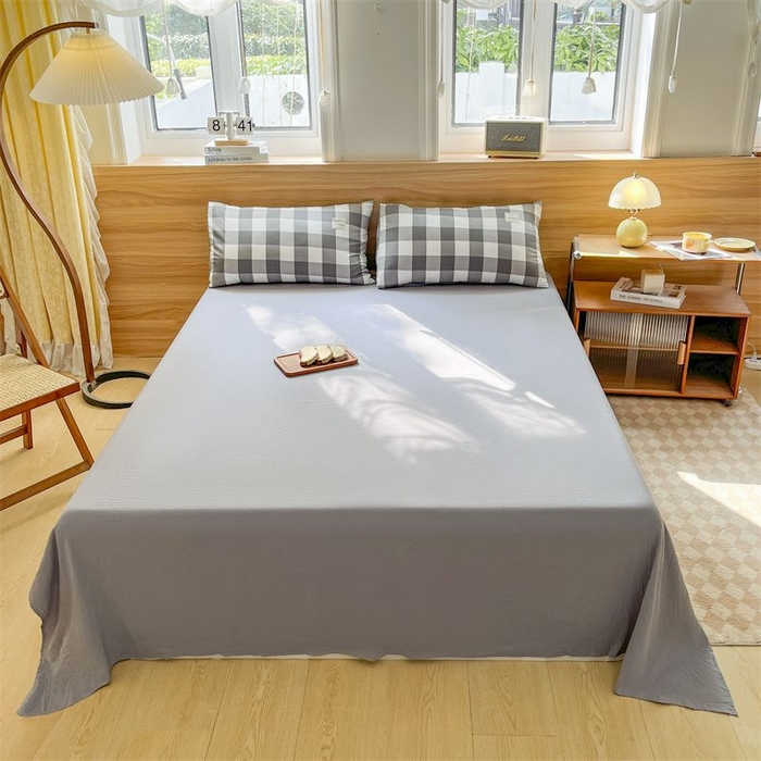 91家纺网 家纺一手货源 找家纺 美尔惠家纺 2025直播热款无印风色织水洗四件套简约格子款学生宿舍三件套床单款 灰白中格