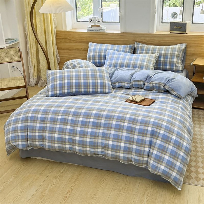 91家纺网 家纺一手货源 找家纺 美尔惠家纺 2025直播热款无印风色织水洗四件套简约格子款学生宿舍三件套床单款 简兮-兰