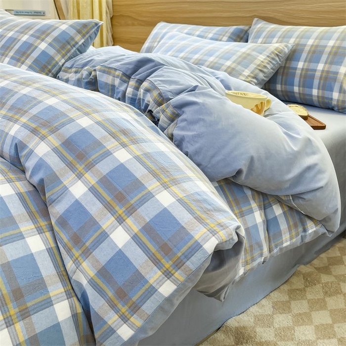 91家纺网 家纺一手货源 找家纺 美尔惠家纺 2025直播热款无印风色织水洗四件套简约格子款学生宿舍三件套床单款 简兮-兰