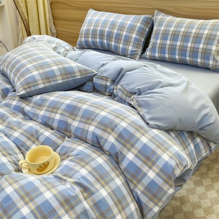 91家纺网 家纺一手货源 找家纺 美尔惠家纺 2025直播热款无印风色织水洗四件套简约格子款学生宿舍三件套床单款 简兮-兰