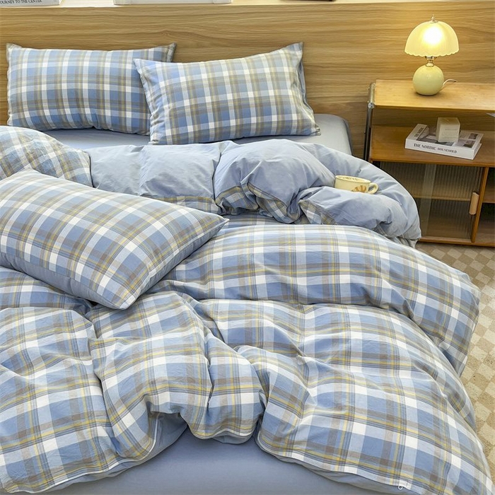 91家纺网 家纺一手货源 找家纺 美尔惠家纺 2025直播热款无印风色织水洗四件套简约格子款学生宿舍三件套床单款 简兮-兰