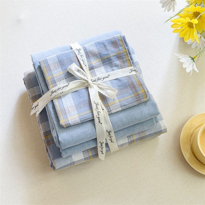 91家纺网 家纺一手货源 找家纺 美尔惠家纺 2025直播热款无印风色织水洗四件套简约格子款学生宿舍三件套床单款 简兮-兰