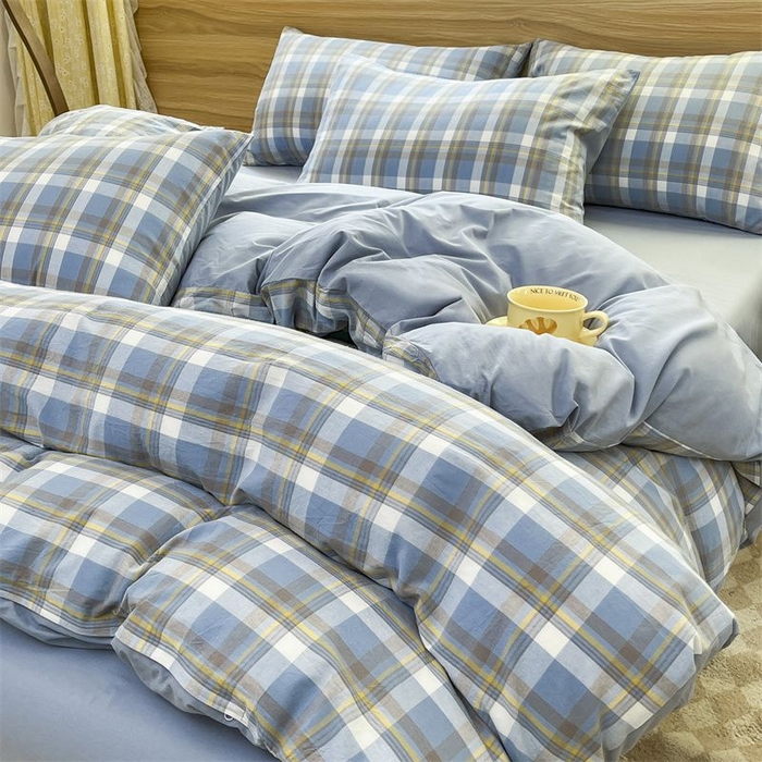 91家纺网 家纺一手货源 找家纺 美尔惠家纺 2025直播热款无印风色织水洗四件套简约格子款学生宿舍三件套床单款 简兮-兰