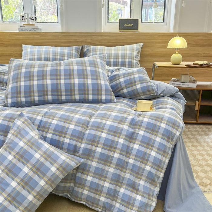 91家纺网 家纺一手货源 找家纺 美尔惠家纺 2025直播热款无印风色织水洗四件套简约格子款学生宿舍三件套床单款 简兮-兰