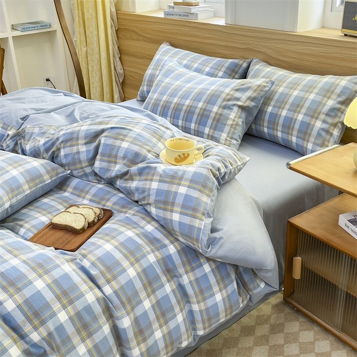 91家纺网 家纺一手货源 找家纺 美尔惠家纺 2025直播热款无印风色织水洗四件套简约格子款学生宿舍三件套床单款 简兮-兰