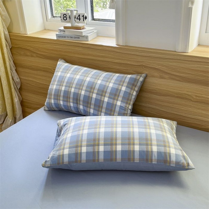 91家纺网 家纺一手货源 找家纺 美尔惠家纺 2025直播热款无印风色织水洗四件套简约格子款学生宿舍三件套床单款 简兮-兰