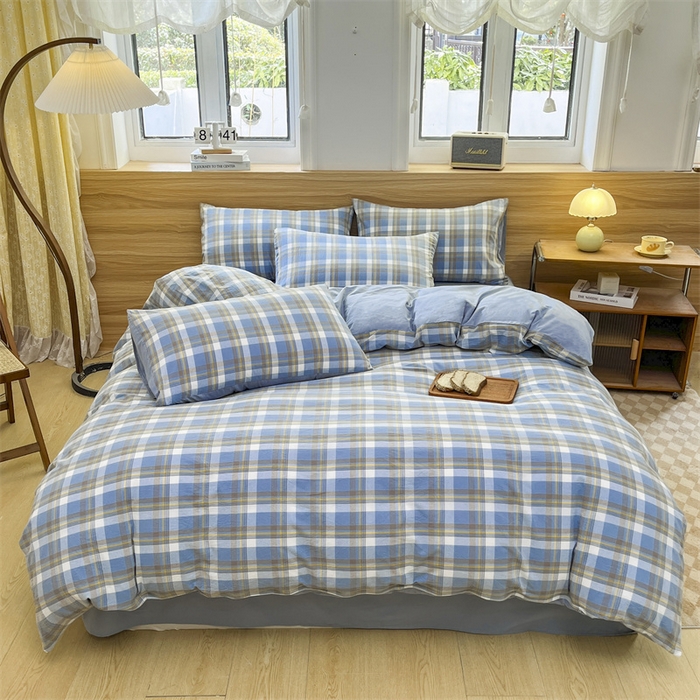 91家纺网 家纺一手货源 找家纺 美尔惠家纺 2025直播热款无印风色织水洗四件套简约格子款学生宿舍三件套床单款 简兮-兰