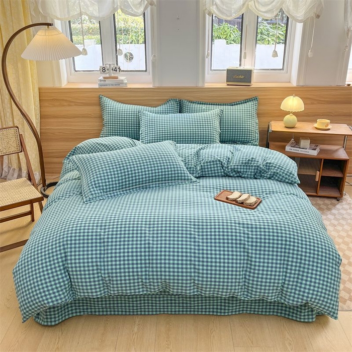 91家纺网 家纺一手货源 找家纺 美尔惠家纺 2025直播热款无印风色织水洗四件套简约格子款学生宿舍三件套床单款 蓝绿小格
