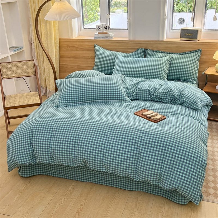 91家纺网 家纺一手货源 找家纺 美尔惠家纺 2025直播热款无印风色织水洗四件套简约格子款学生宿舍三件套床单款 蓝绿小格